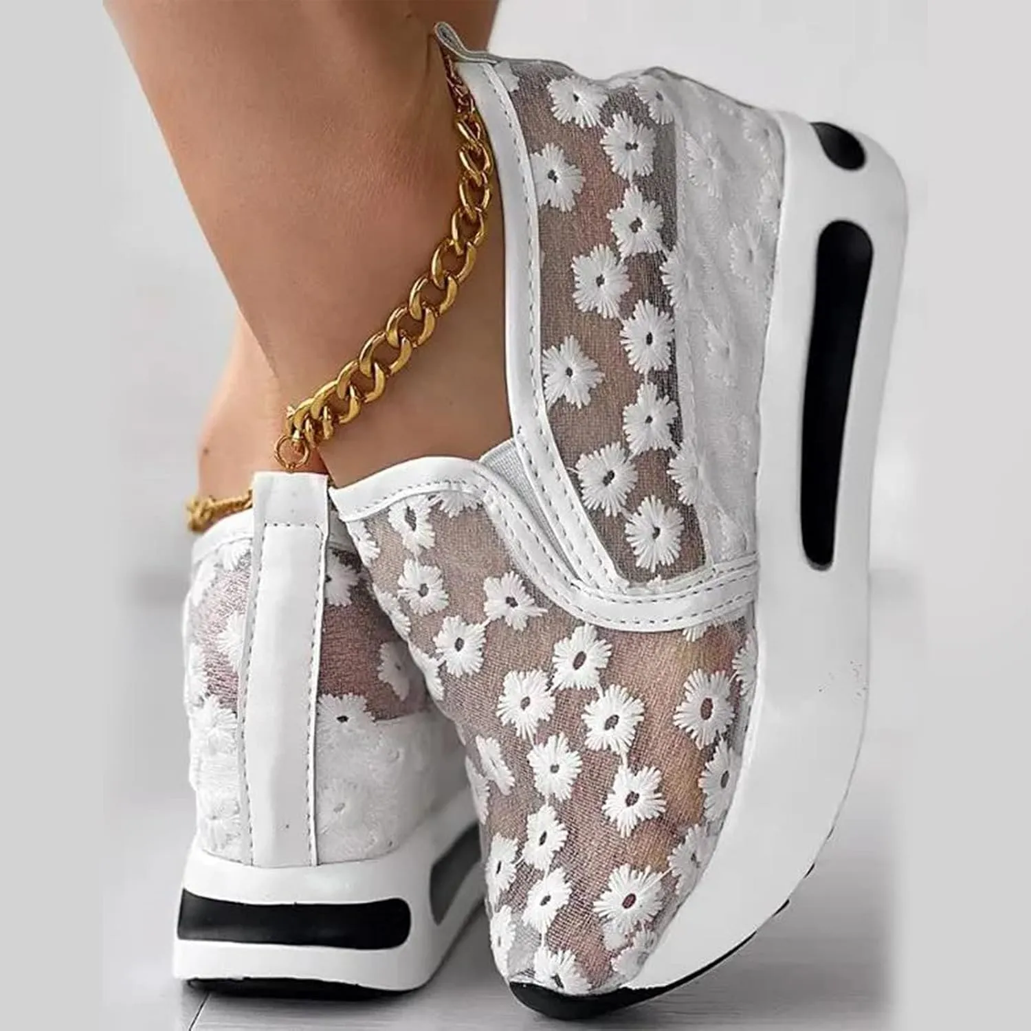 ZBYY Sneakers for Women Floral Embroidery Breathable Mesh Sneakers Slip On Sneakers Platform Wedge Sneakers Dressy Loafers