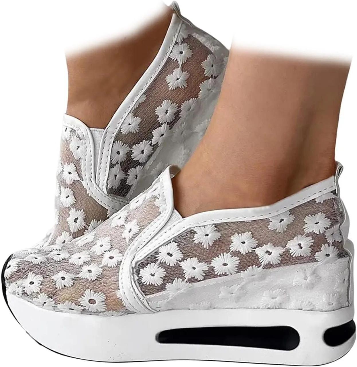 ZBYY Sneakers for Women Floral Embroidery Breathable Mesh Sneakers Slip On Sneakers Platform Wedge Sneakers Dressy Loafers